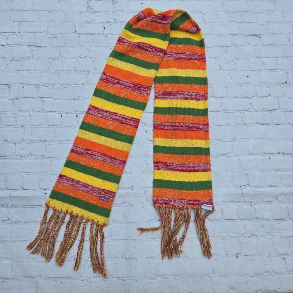 Vintage Roxy Y2K Skater Scarf Striped Knit Fringe Multi Color